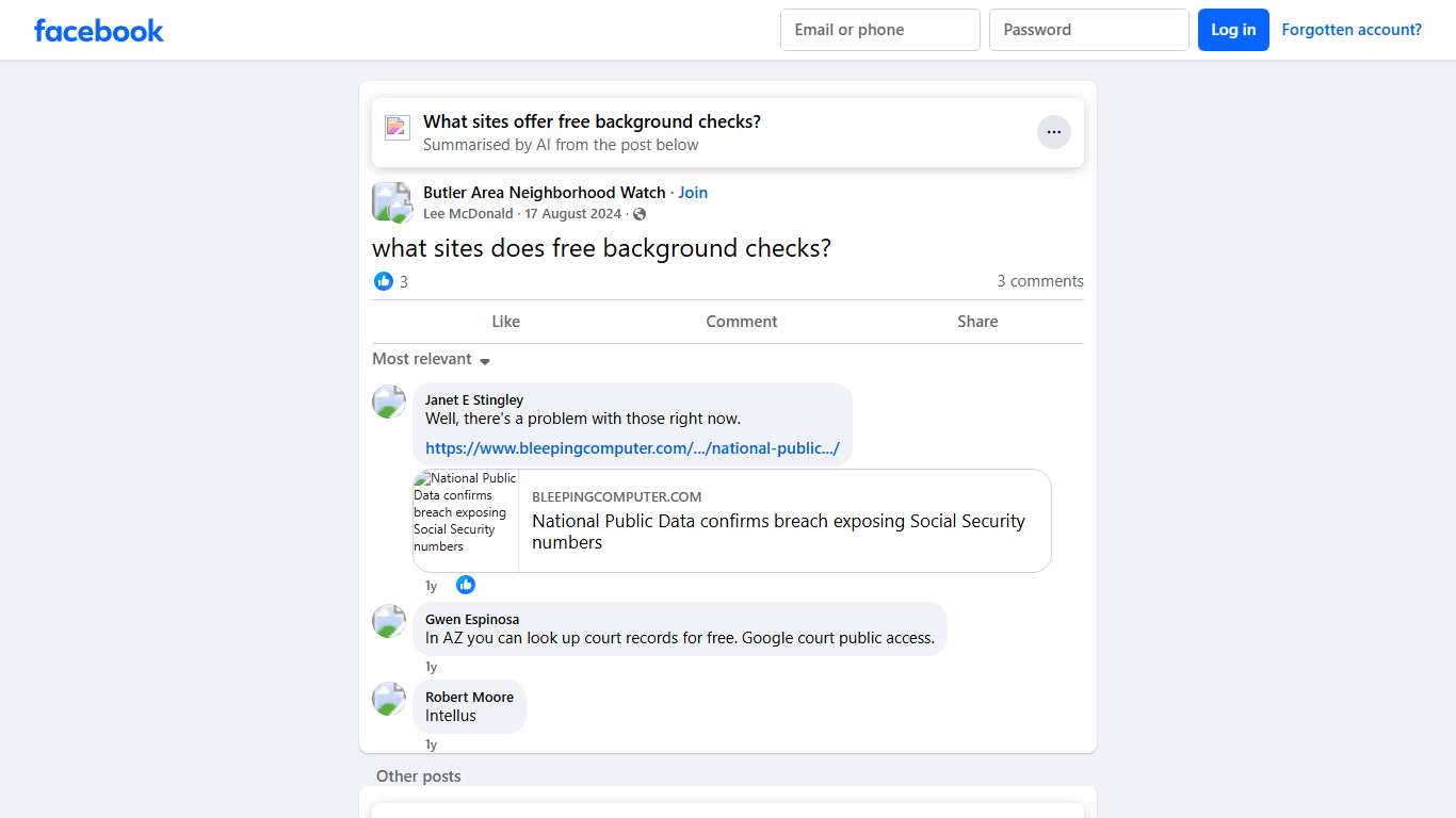 Butler Area Neighborhood Watch | what sites does free background checks | Facebook